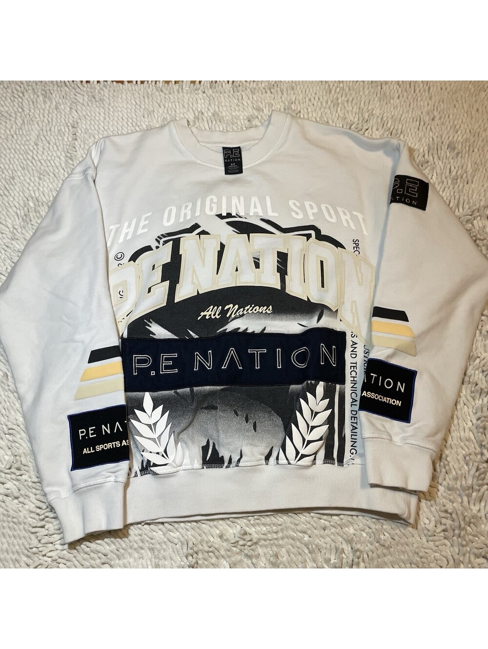 Y2K P.E Nation Crewneck Sweatshirt Size S White Pullover Graphic Embroidered